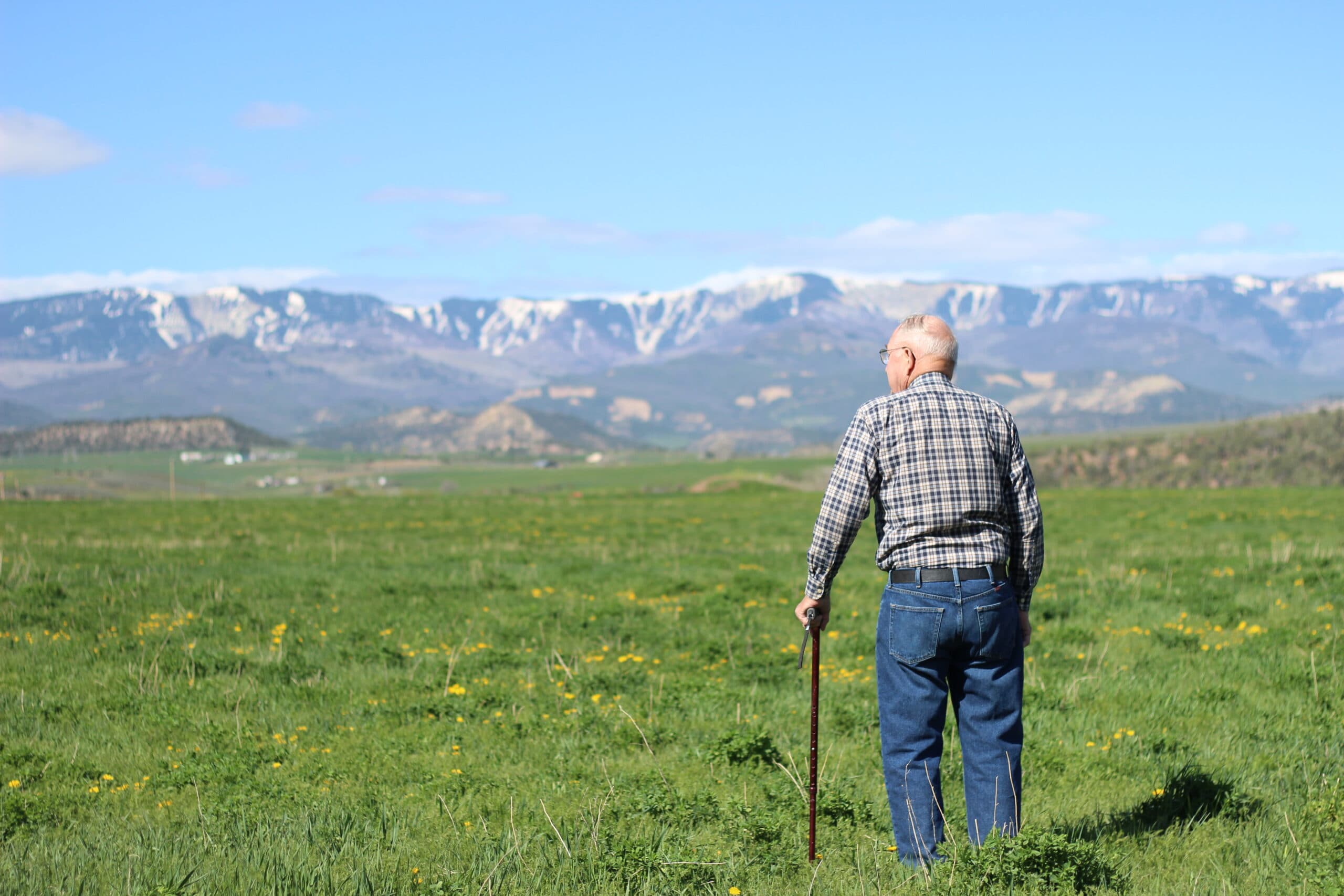 An older man in a plaid shirt, leaning on a cane, looks across a green spring pasture toward snow-capped mesas.